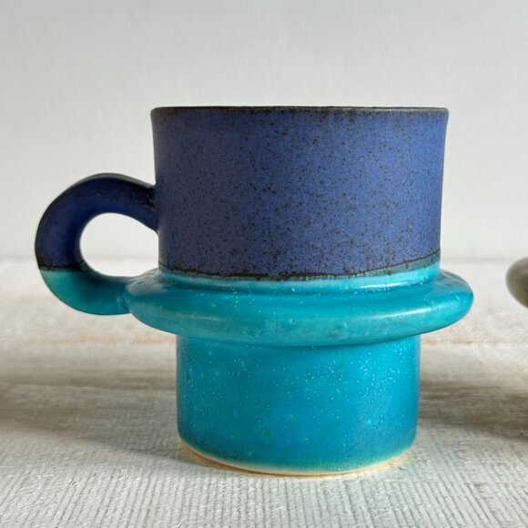 Set of Two Studio Pottery Mugs with Colourful Dip and Faux Worn Finish - Picture 3 of 11